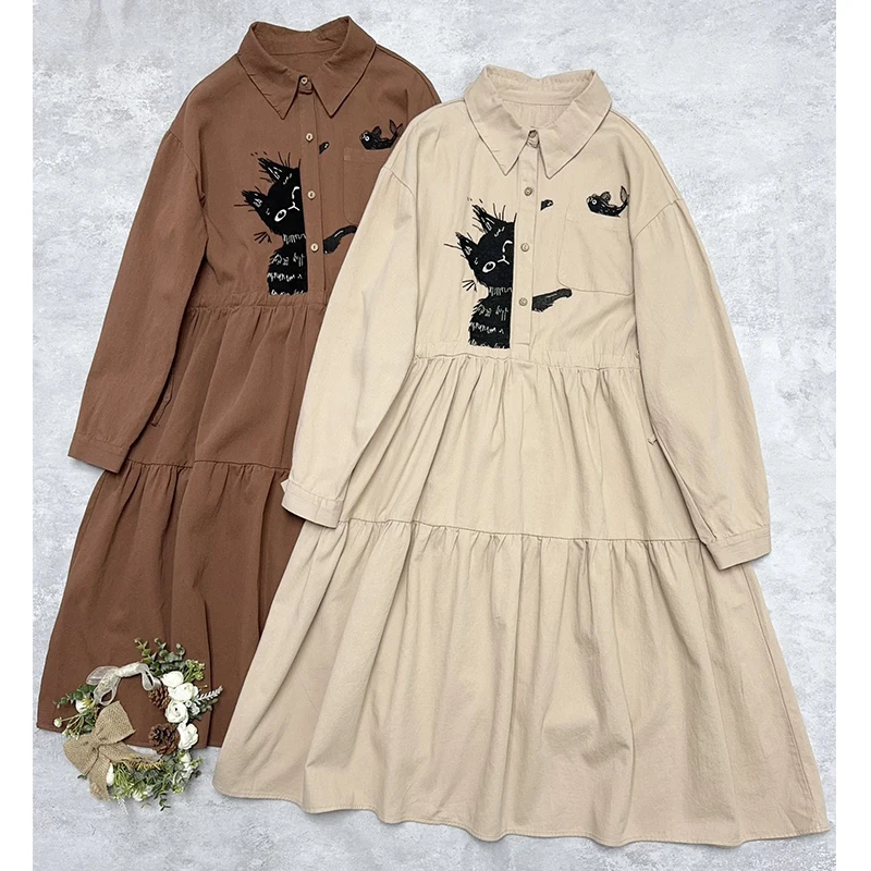 Spring Kawaii Cartoon Cat Kitty Fish Embroidery Dress Women Cotton Turn Down Collar Long Sleeve Drawstring Dress Loose Robe U021