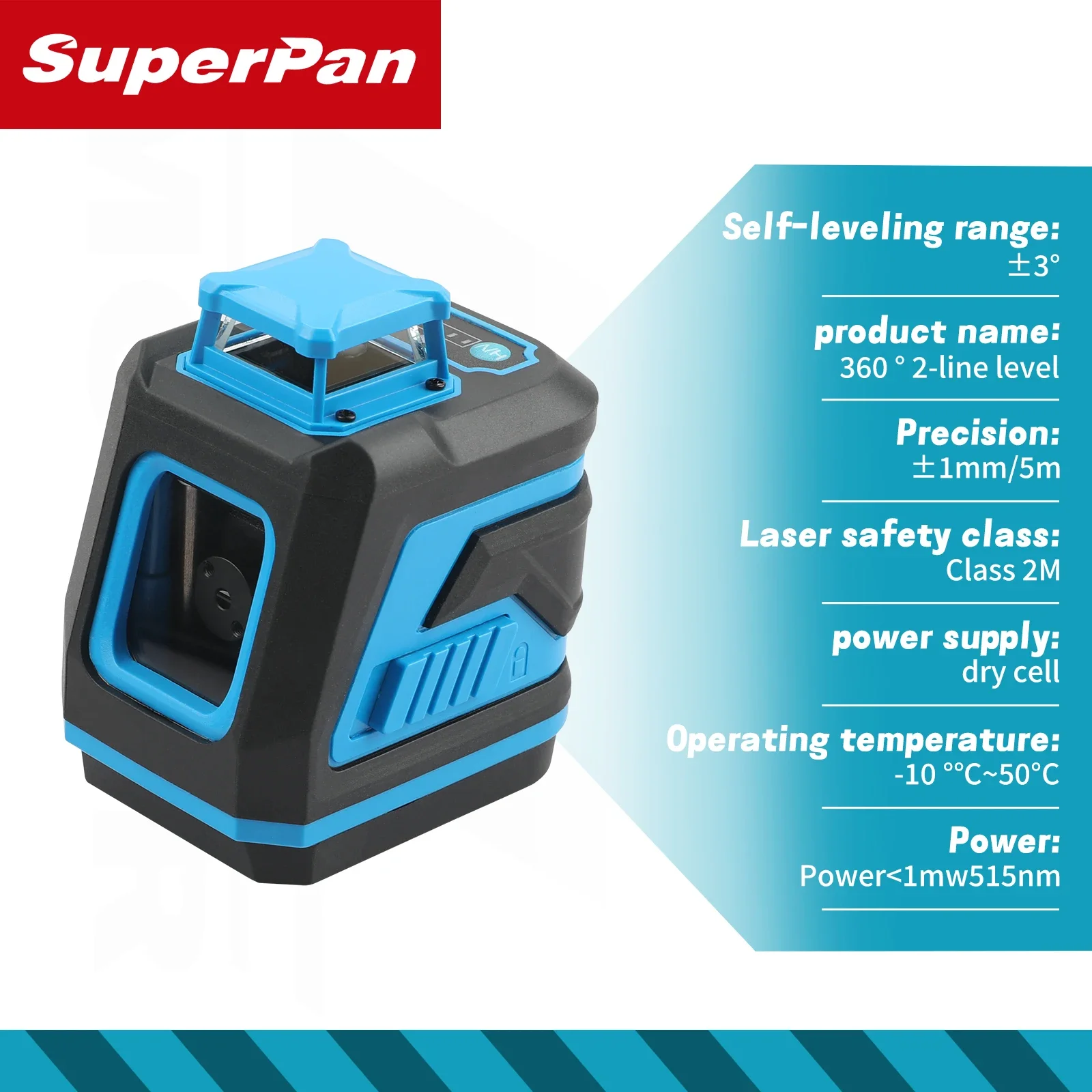 Superpan 2 خط 360 درجة التسوية التلقائية مستوى الليزر الأخضر، معدات أدوات البناء ليزر متقاطع احترافي