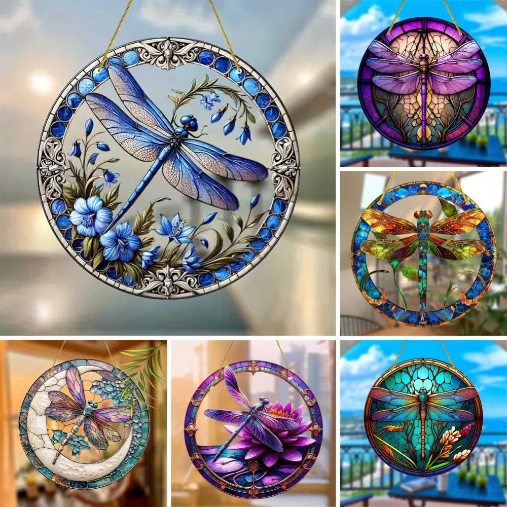 Dragonfly Suncatcher - Round Acrylic Wall Art, Stained -Style Window Hanging, Perfect For Bedroom & Living Room Decor