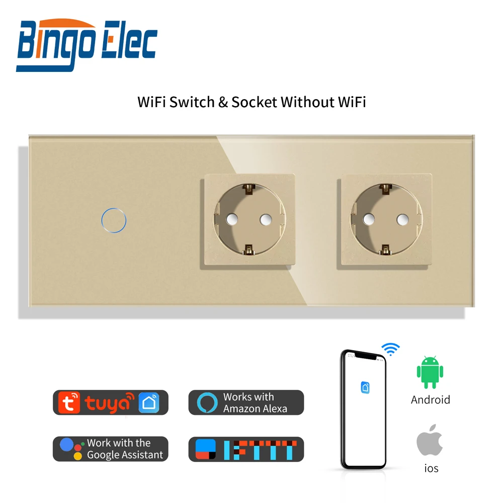 Imagem -03 - Bingoelec Wifi Wall Touch Switch Duplo Normal ue Sockets Gang Light Switches Funciona com Alexa Tuya Google Home Gang Gang 3gang