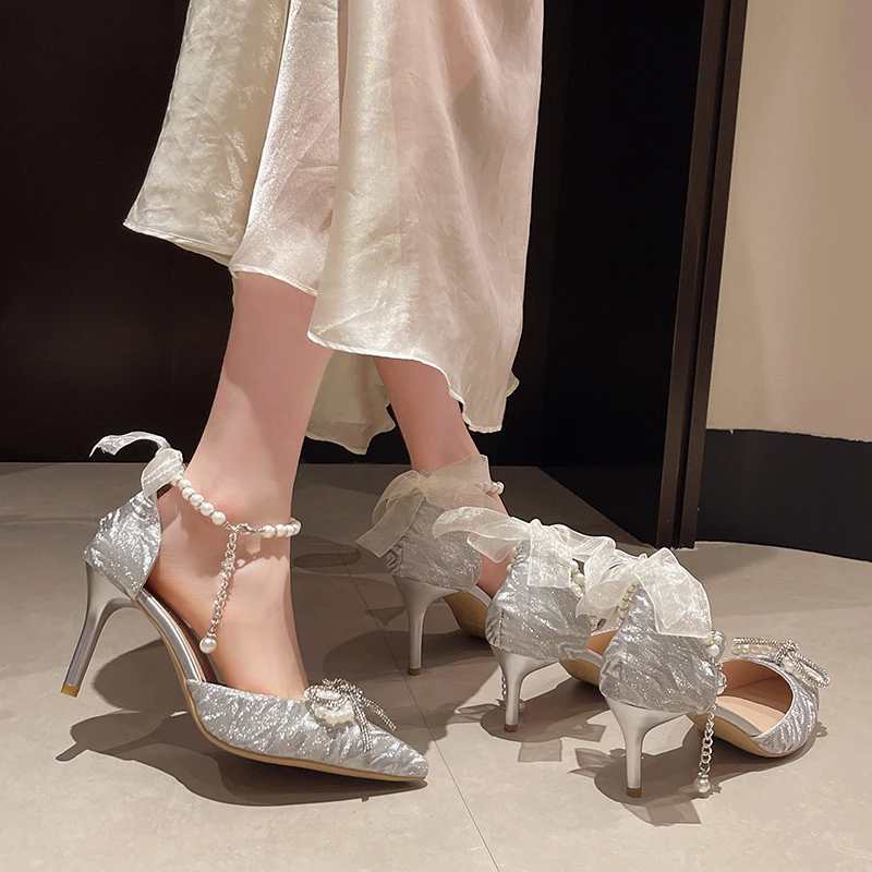 Mitzvah Crystal Wedding Shoes, Chaussures de mariée, Talons hauts, Perle argentée décorative, Sandales à talons fins, 18 ans, Nouveau, 8cm, 6cm