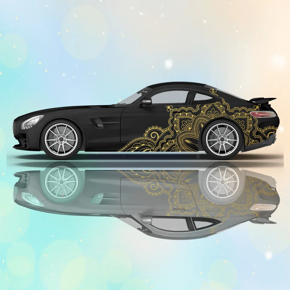 2pcs Line Mandala Flower Car Side Wraps, Self-Adhesive PVC Waterproof & Scratch-Resistant Stickers, Car Accessory Gift view 4