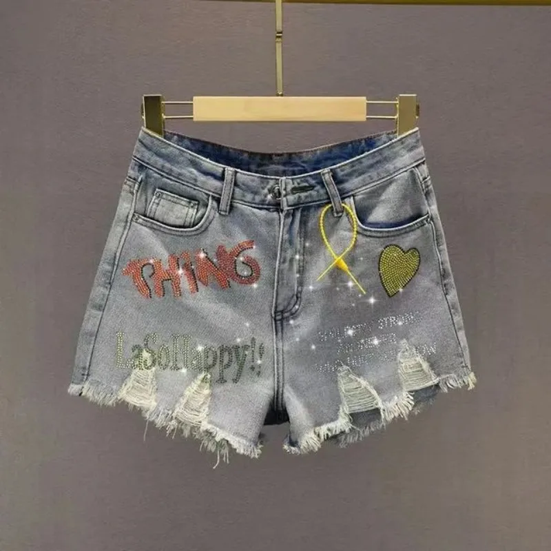 

Summer Fashion Letter Diamonds Hole Denim Shorts Ladies Simplicity Office Lady Wide Leg High Waist Appear Thin Casual Shorts