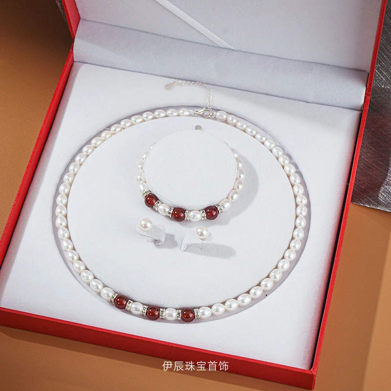 8-9mm rice-shaped white natural freshwater pearl agate necklace three-piece set with pendant and beaded accessories
