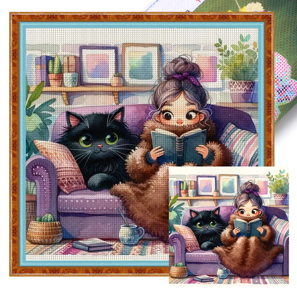 

Full Embroidery Eco-cotton Thread 11CT Printed Girl&Cat Cross Stitch Kit 50x50cm