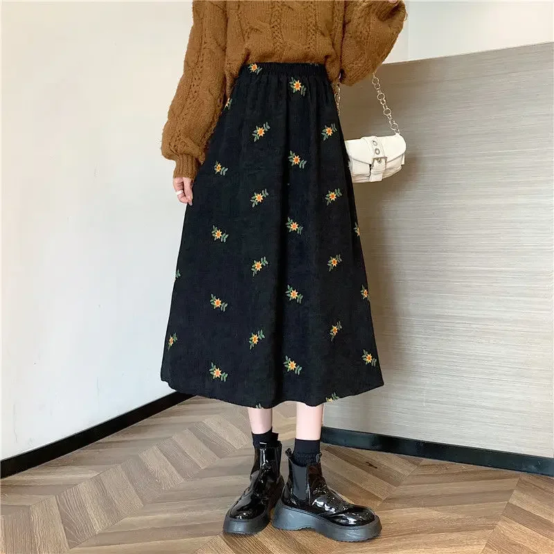 Vintage Corduroy Skirt Women Autumn Winter New Loose Embroidery Floral High Waist Long Skirts Female