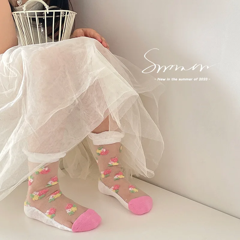 Girls Summer Socks Mesh with Cotton Transparent Socks Baby Cute Flowers Crew Sock 3 Pairs