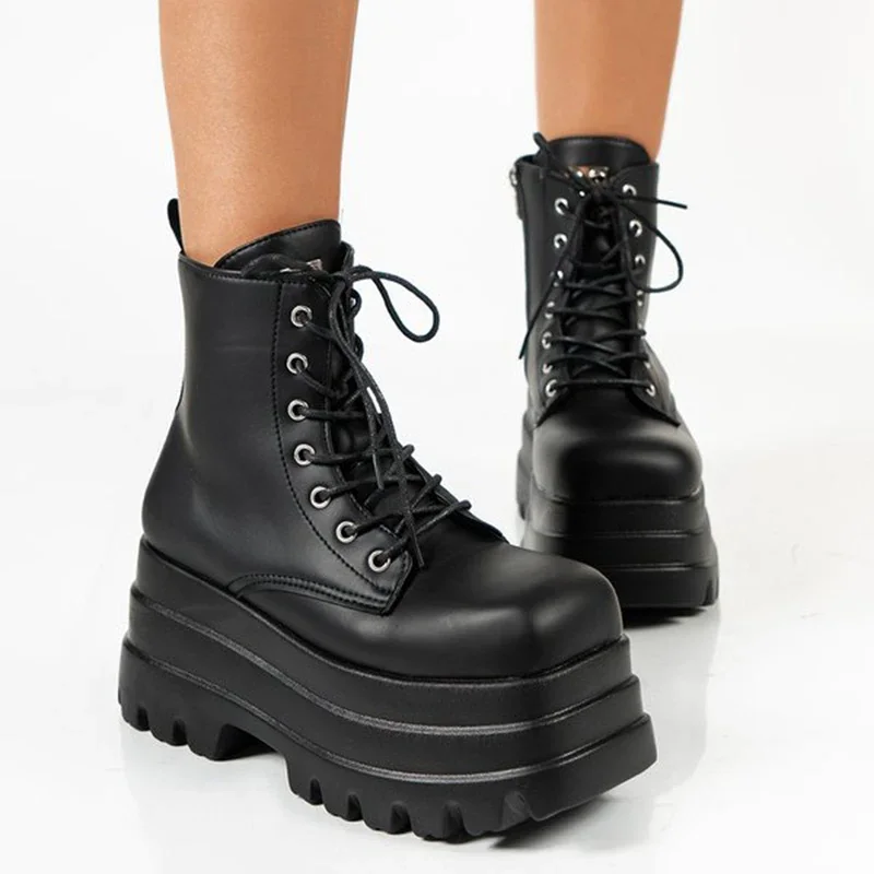 Gothic Chunky Platform Motorcycle Boots Women Autumn Winter Punk Combat Boots Rubber Thick Bottom PU Leather Ankle Botas Mujer