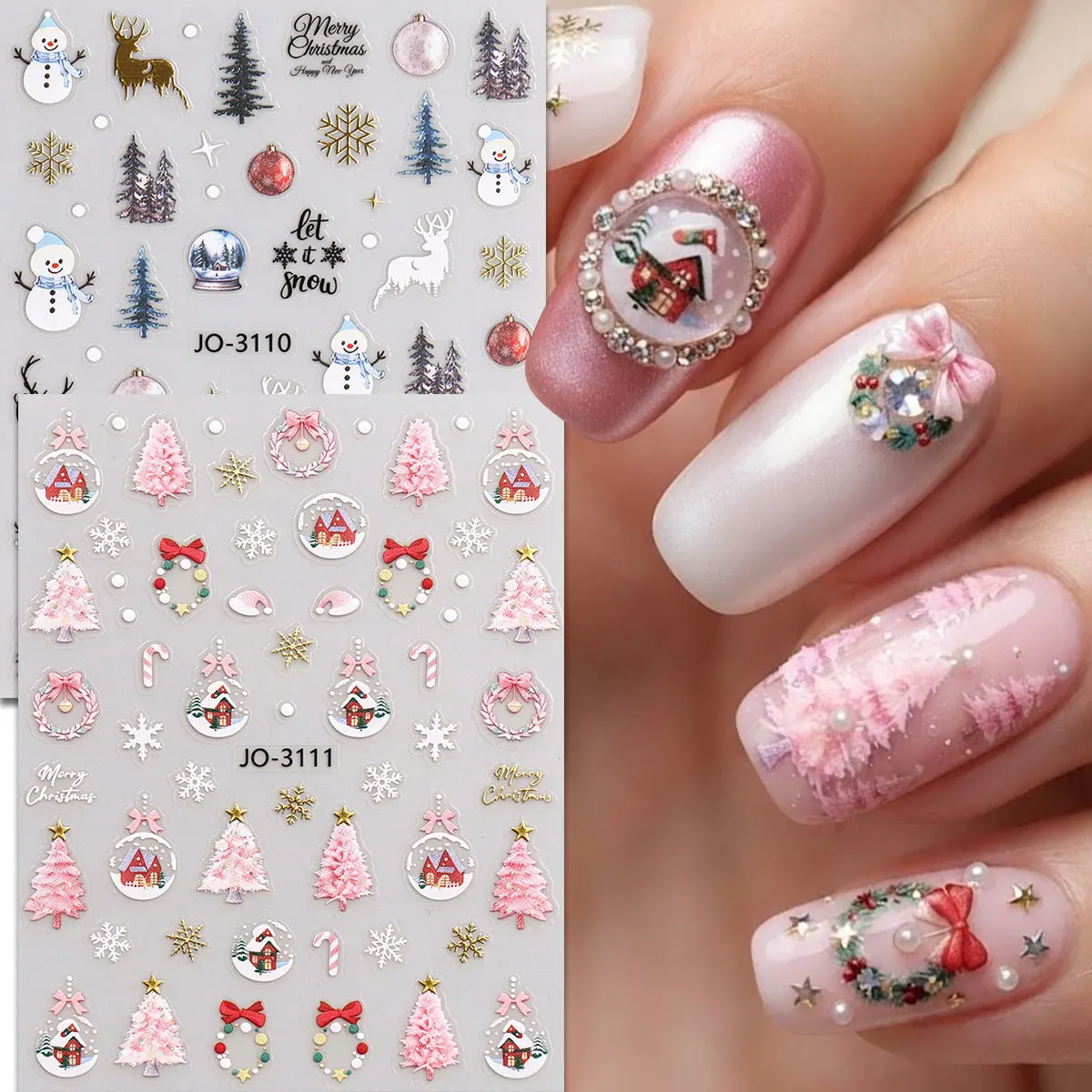 2Shts Winter Snowman Elk Nail Stickers, Snow Globe Pine Tree Decals, Christmas Party Gift Nail Art Supplies