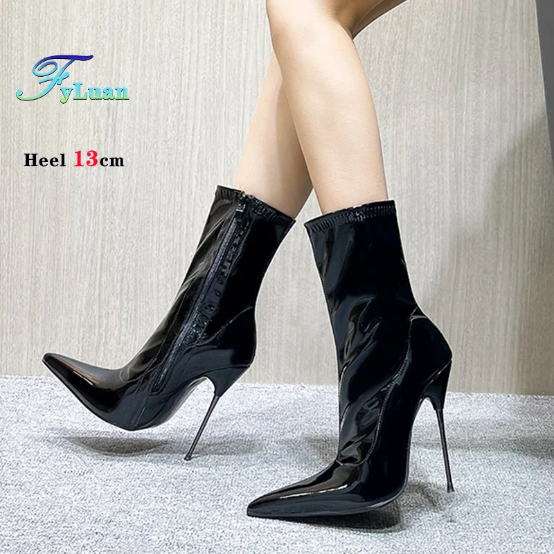 Neue 13 cm High Heels, Frauen Glanz PU Kurze Stiefel, Männer Bett Cosplay Schuhe, Fetisch Knöchel Botasl, spitze Zehen, Schwarz, Rot, Benutzerdefinierte Farben