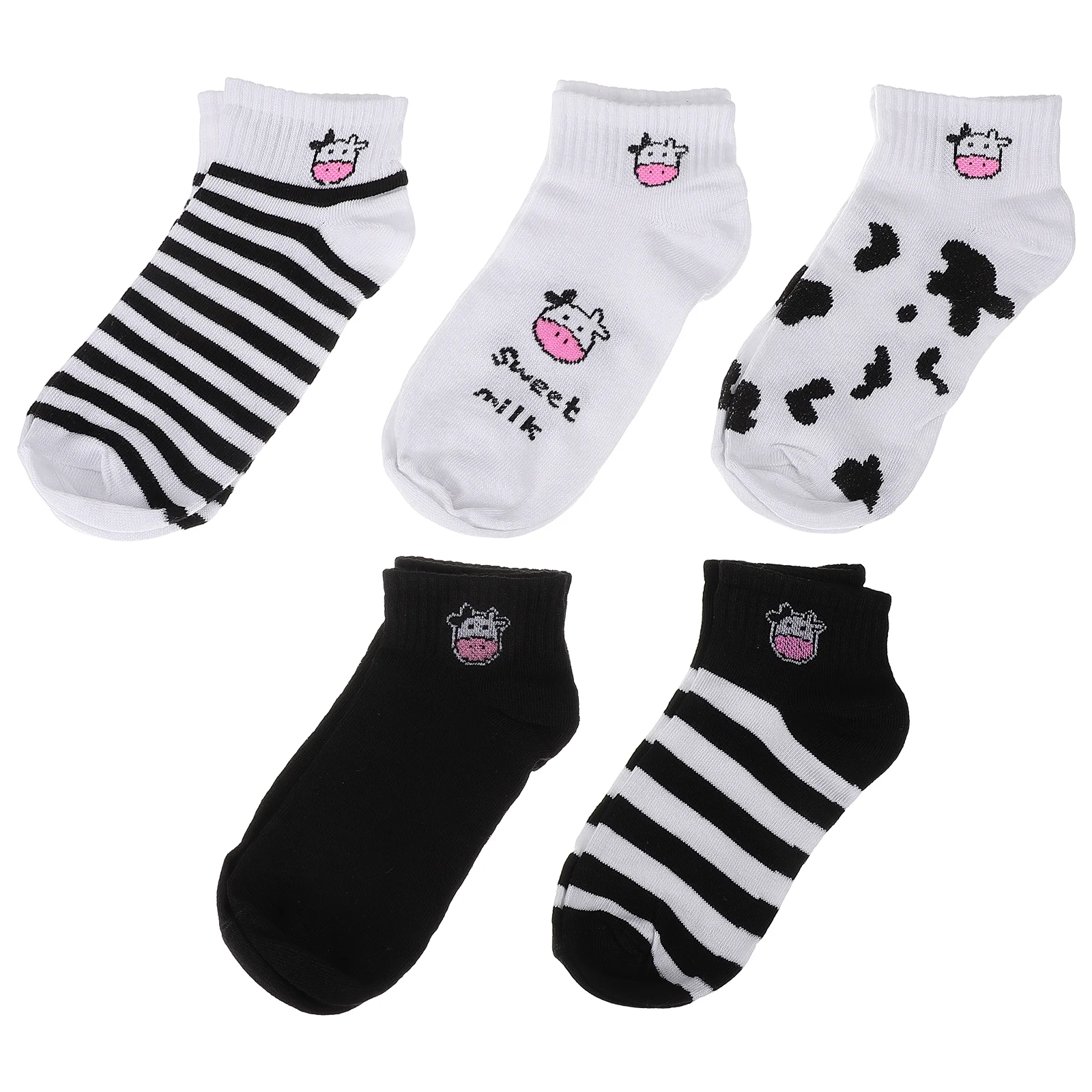 

5 Pairs Black and White Cow Socks Women Hairy Short Length Cotton Kids Teens Girl Child