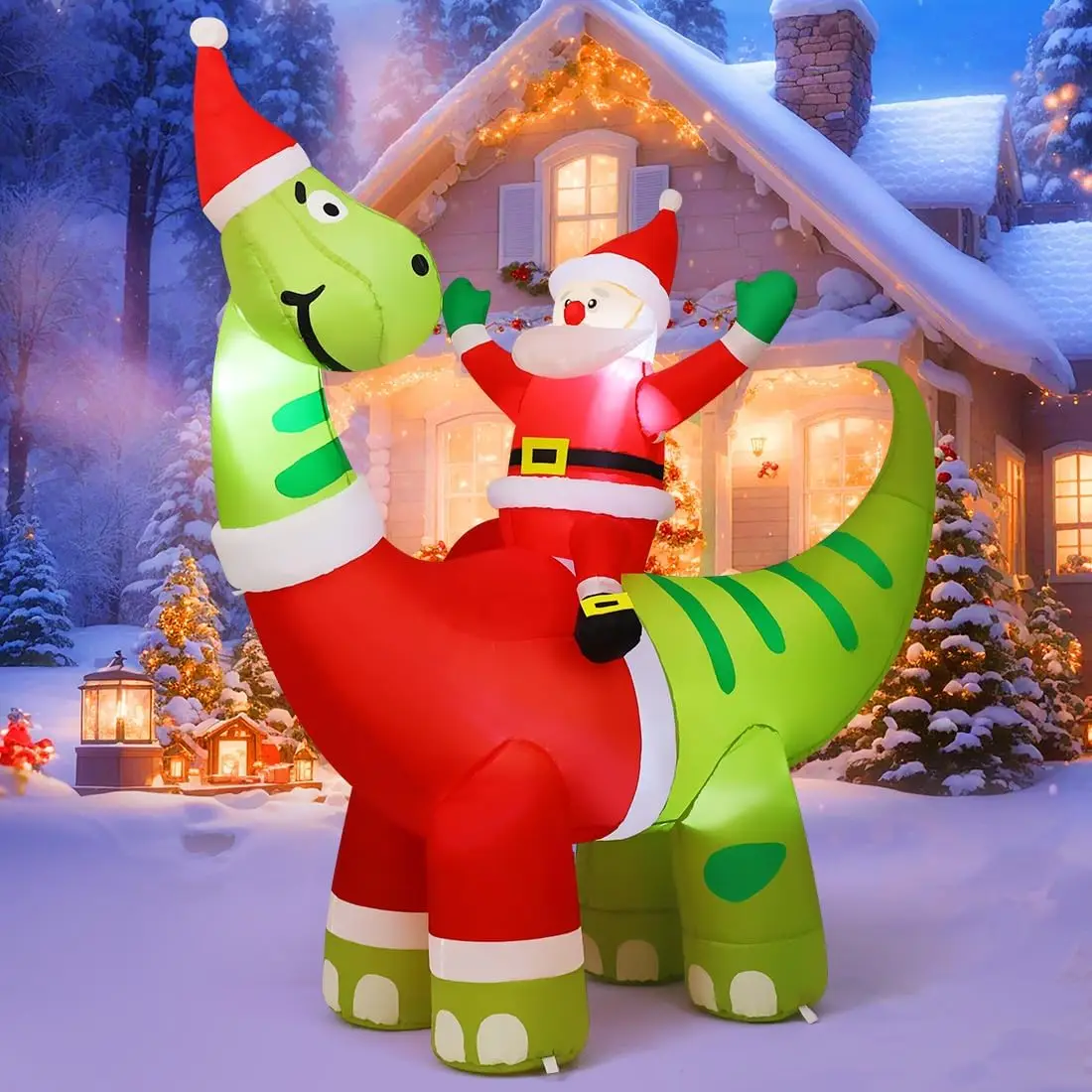 Hot Selling 6 FT Tall Santa Claus Inflatable Riding Dinosaur with Built-in LEDs Factory Price Outdoor Christmas Decorations