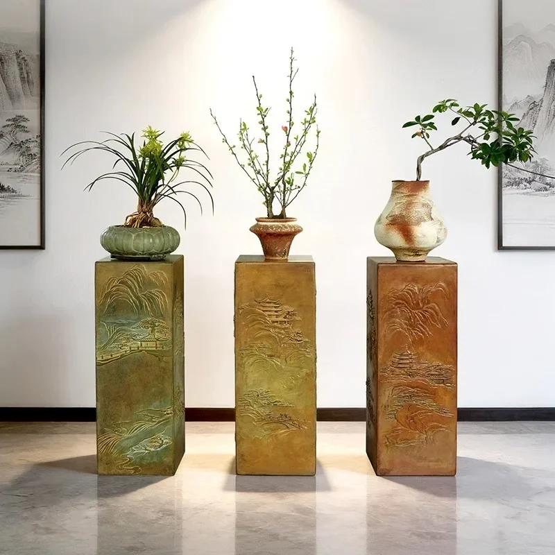 #New Chinese style imitation stone pillar pier office potted flower pot base living room entrance decorative floor ornament