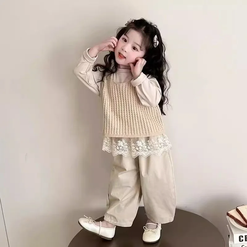 

Girls' Spring Sweater Set 2025 New Style Children's Stylish Vest Bottom Shirt Spring and Autumn 3-Piece Set Kids Outfits