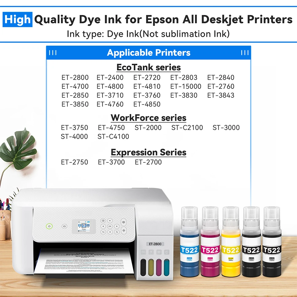 حبر صبغ Winnerjet 522 حبر صبغ عالي الجودة لجميع الطابعات المكتبية لإبسون ET-2800 ET-2400 ET-2803 ET-2840 ET-4800