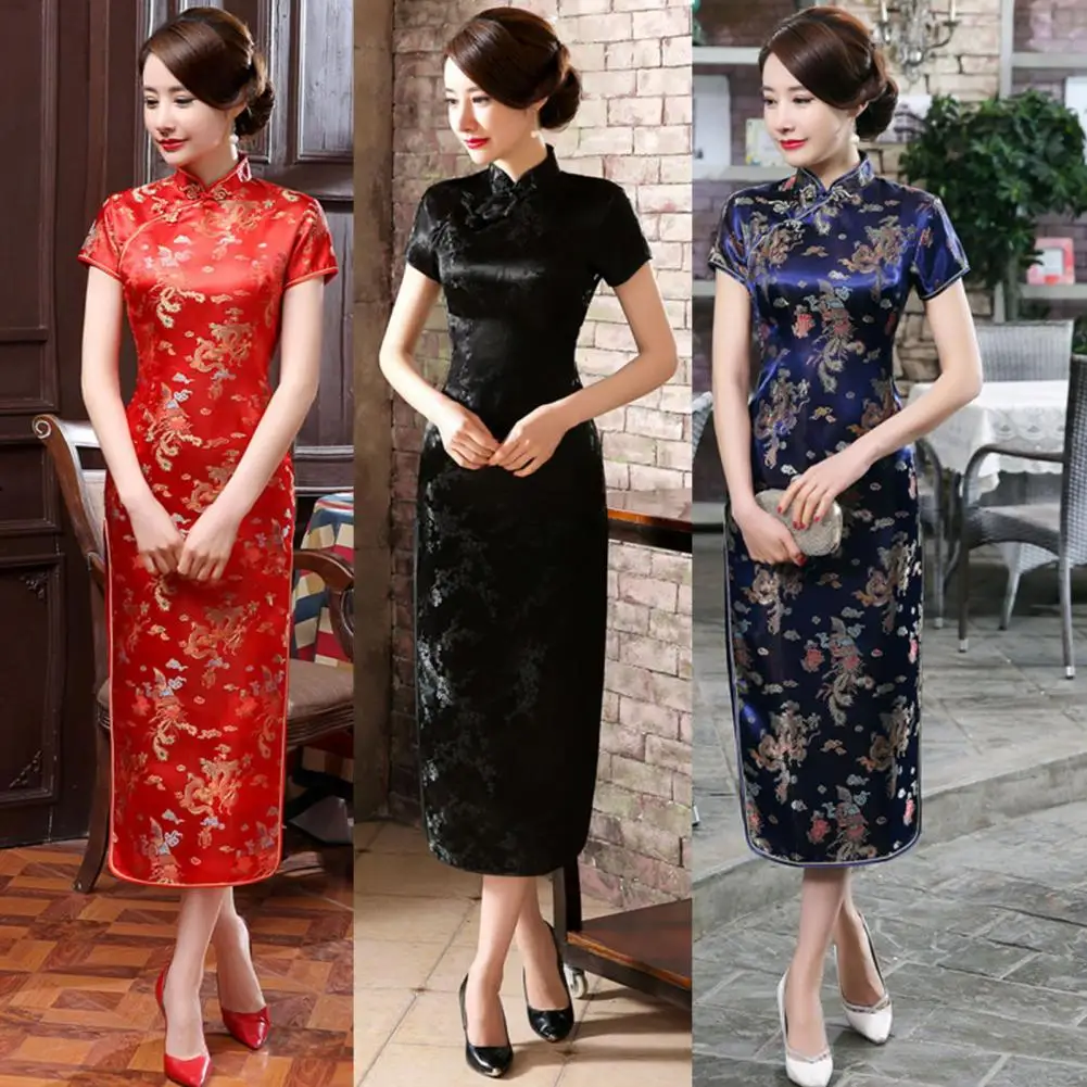 

Floral Embroidery Cheongsam Chinese Style Vintage Satin Qipao Elegant Stand Collar High Split Short Sleeve Classic Long Dress