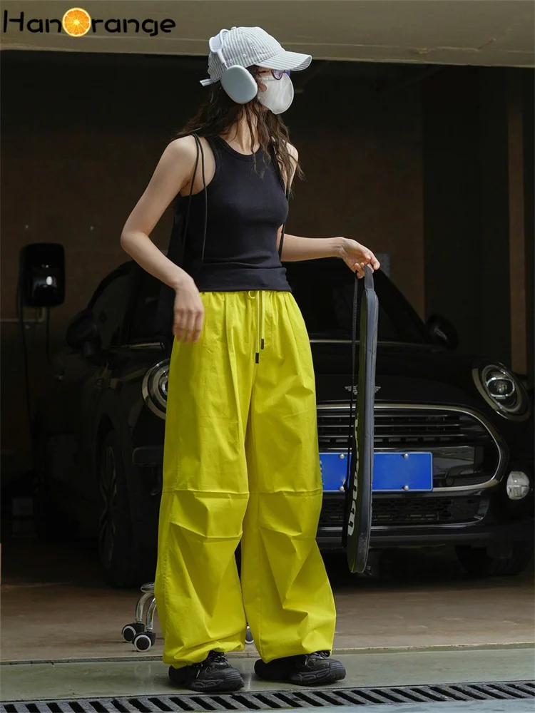 HanOrange 2024 Spring Retro Silhouette Drawstring Cargo Pants Women Wide Leg Loose Paratroops Trousers Lemon Yellow/Gray White