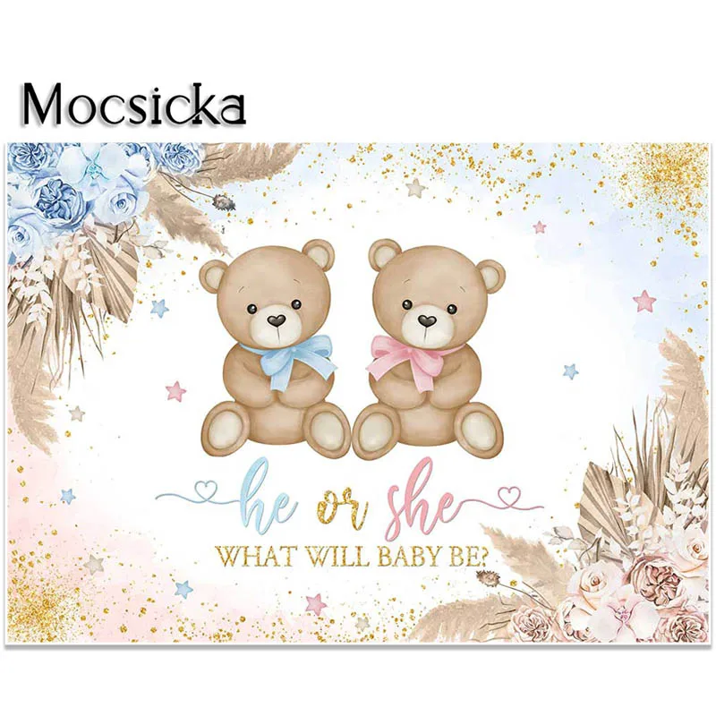 Mocsicka Gender Reveal Party Backdrop He Or She What Will Baby Be Background Kids Portrait Photo Studio Props Party Decor Banner