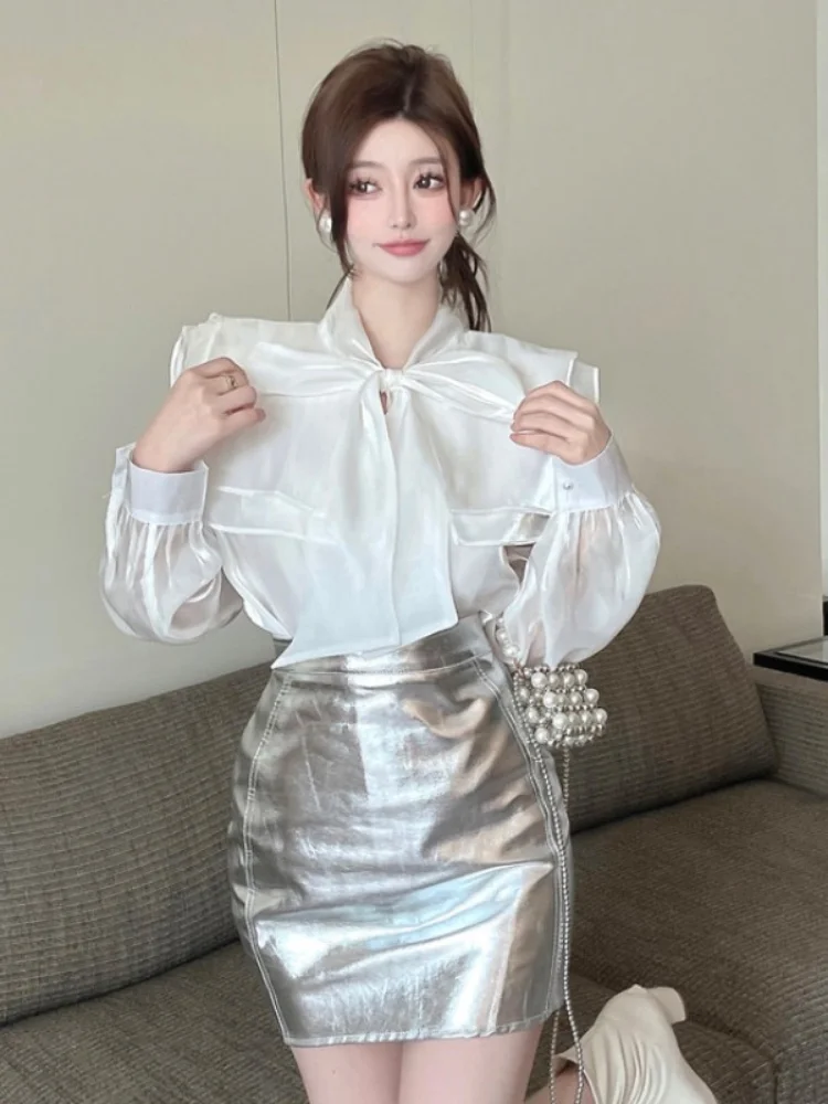 Vintage Blouse for Women Temperament Ladies Tops Bandage Bow Puff Sleeve Loose White Blouses Shirts 2024 Blusas Mujer De Moda