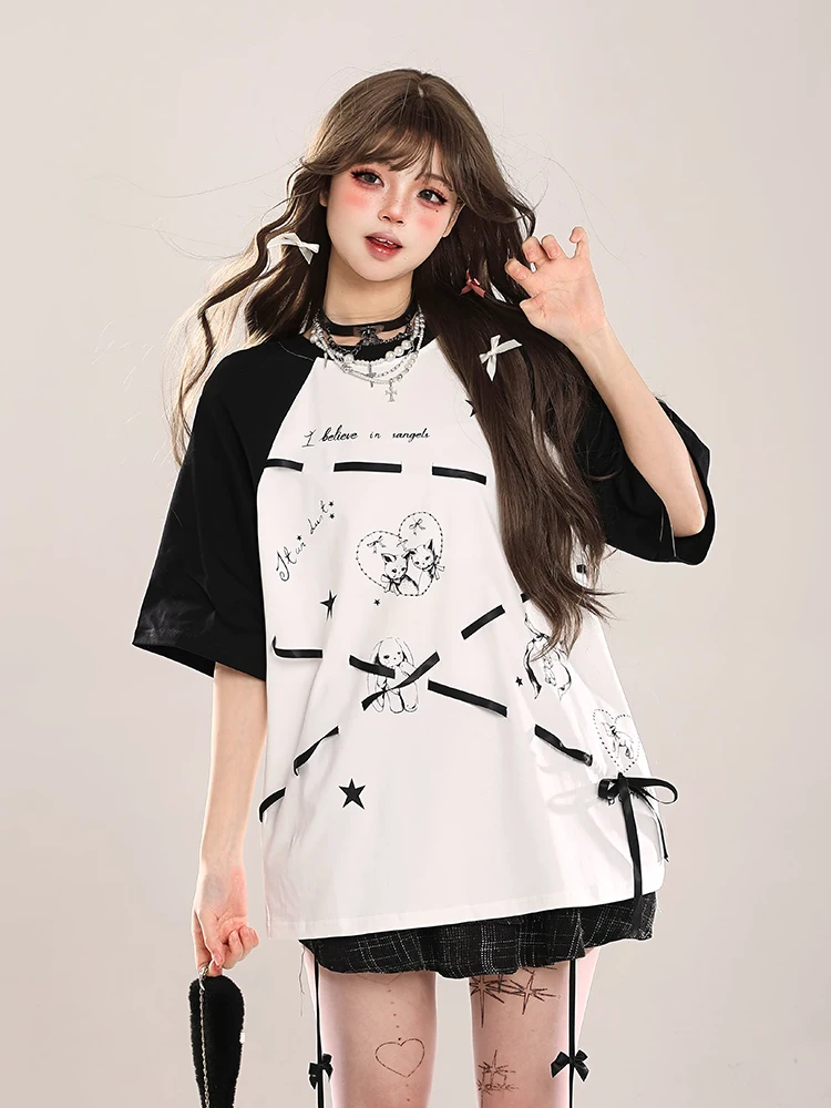 Sweet Cool Girls Y2K Top Cartoon Printed Lace-up Bow Round Collar Short Sleeve Loose Casual All-match T-Shirts Tees Women Summer