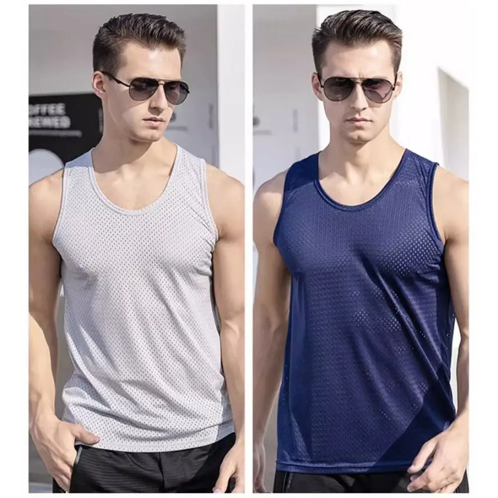 Classic Cooling Ice Silk Tank Tops Round Neck Base Layer Mesh Sleeveless Vests Black White Lightweight Wide Shoulder Vest Men
