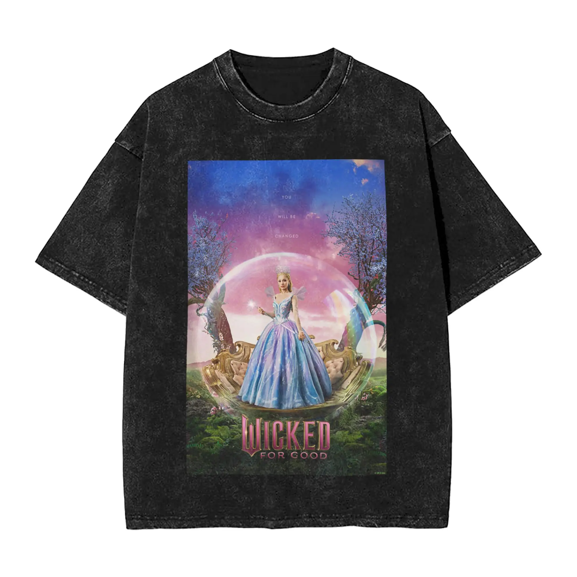 Harajuku Washed T Shirt Wicked for Good Glinda Bubble Poster Cotton T Shirts Hip Hop Tee Shirt for Male Summer Y2K Retro Tees