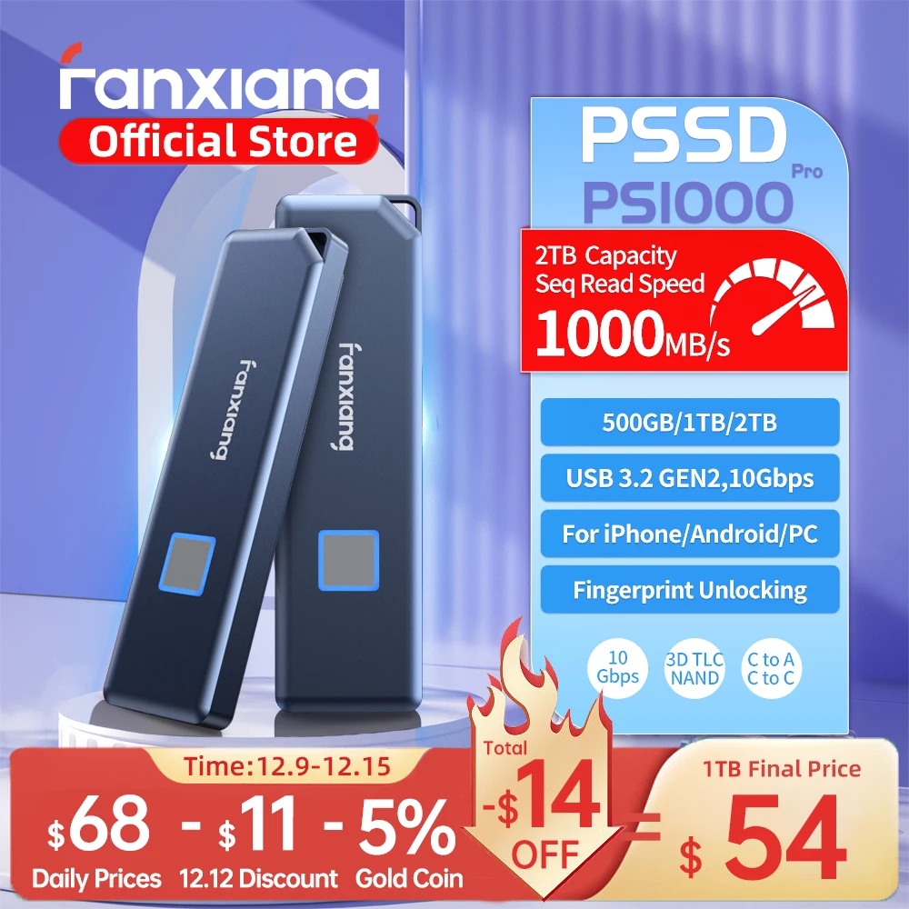 Fanxiang PS1000 Pro 10Gbps Portable Solid State Drive Fingerprint Unlocking External Portable SSD Type-C NVME PSSD Data Backup