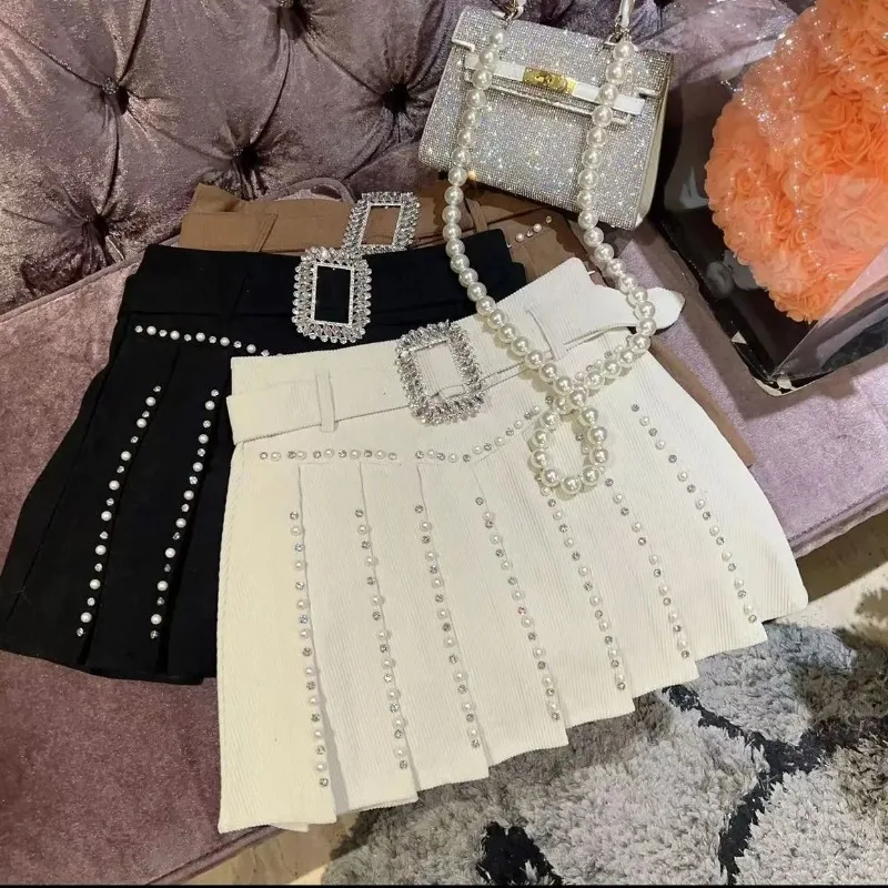 Summer Y2K Harajuku Rhinestone Buckle Mini Skirt Women Swwet Slim High Waist Pleated A-line Skirt Elegant Fashion Party Skirt