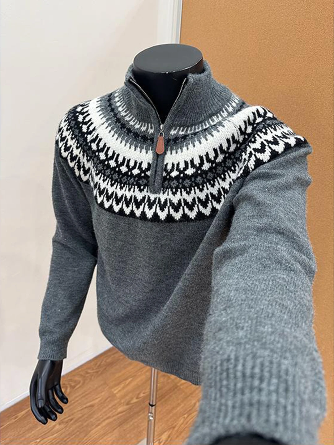 

Вязаный свитер на молнии с высоким воротником для мужчин, свободный крой, длинный рукав, геометрический узор, повседневная осенне-зимняя куртка