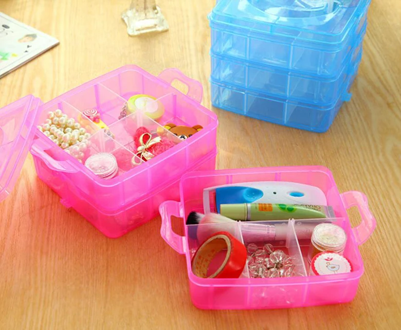 Portable 18 Grids Clear Plastic Jewelry Cosmetic Makeup Beads Box Organizer Storage Container with Adjustable Dividers for Girls