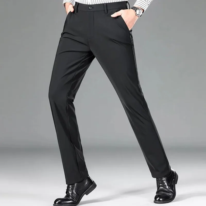 

Men's Spring Autumn Solid Button Zipper Pockets High Waist Casual Small Feet Suit Trousers Fashion England Style Slim Pants