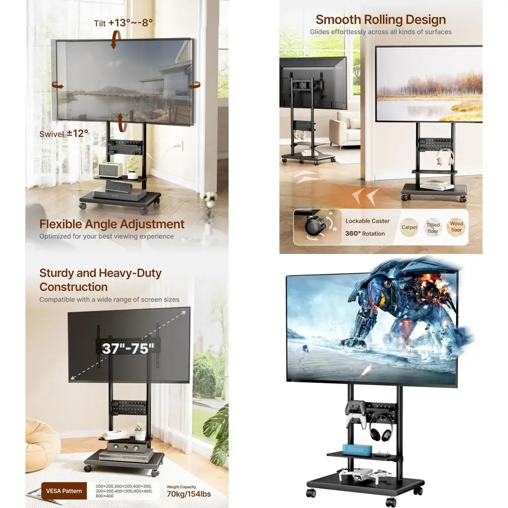 

Регулируемая поворотная подставка для телевизора для экранов 37-75 дюймов, выдерживает до 198 фунтов, с отсеком для хранения, VESA 600x400, черная