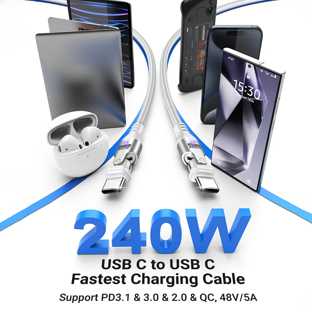 AUFU 240W USB Type C Cable For iPhone 16 15 MacBook Laptop 180 Degree 5A Super Fast Charging USB C Data Cable Wire Cord 1m 2m 3m