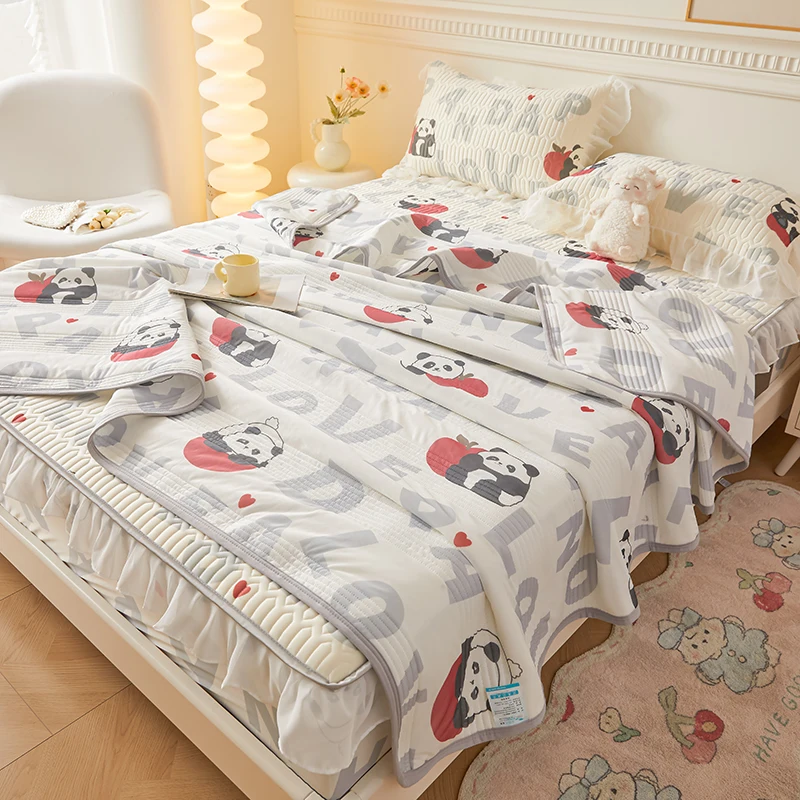 Cute Panda with Letter Summer Cool Quilt Air Conditioning Quilts Core Ice Silk Thin Comforter Blanket Washable Cool Silk Quilt