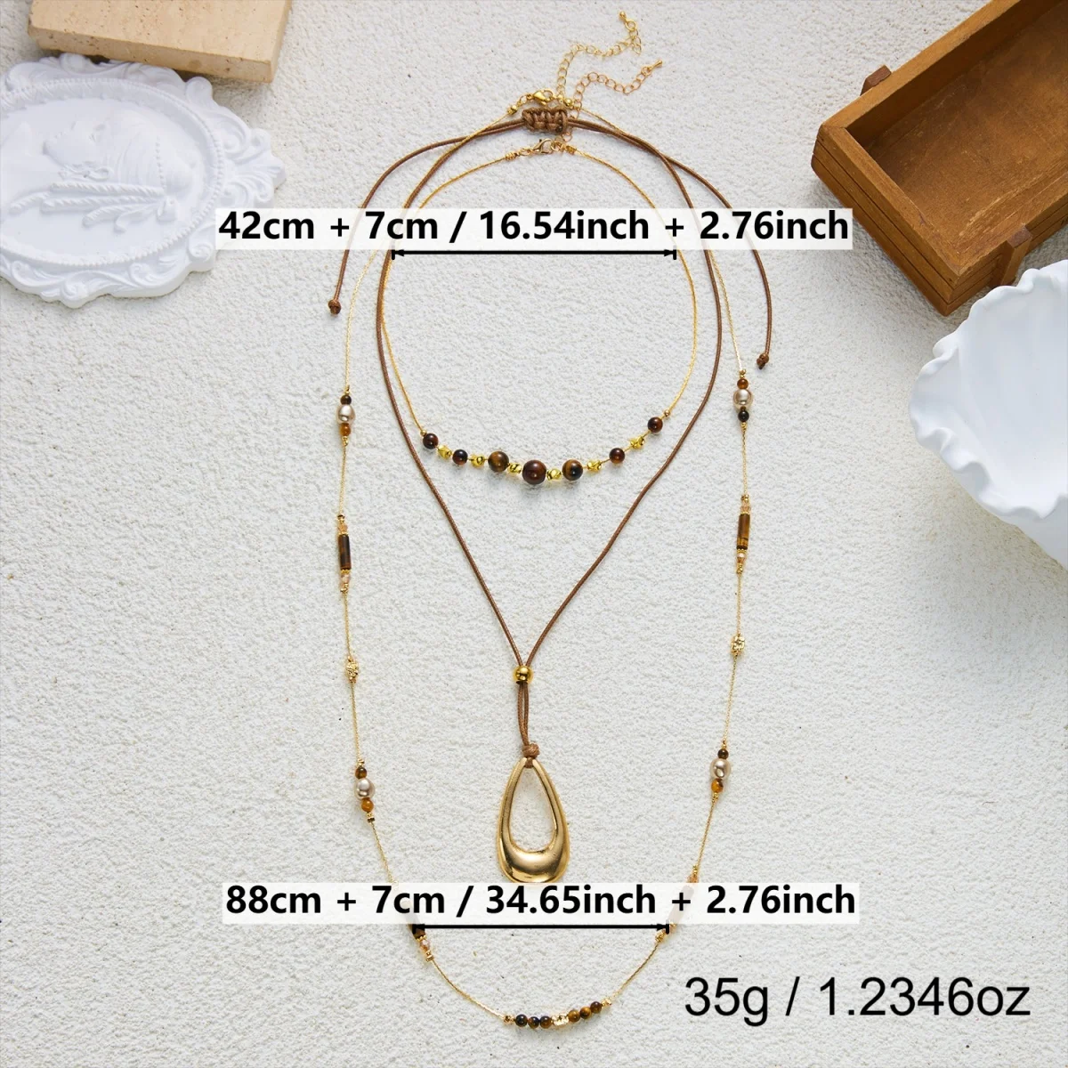 Vintage Maillard Halskette mit natürlichen Tigeraugen-Perlen, Sonnen- und ovalen Anhängern, für Damen und Herren, im ethnischen Stil, mit Blumen- und Kristallmotiven, lange Choker-Kette. – Detail 36