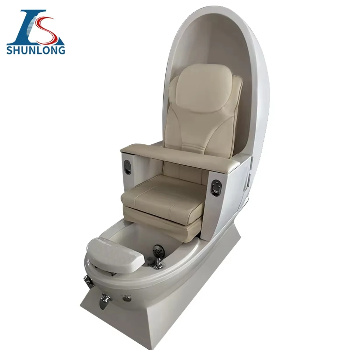 White Egg Shape Pedicure Spa Chair, Electric Reclining Foot Massage Chair with Enclosed Hood and Fiberglass Foot Tub for Nail Sa