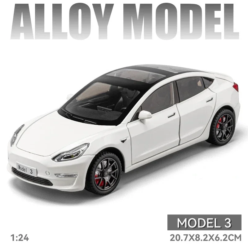 1:24 Tesla Model 3 Alloy Car Model Diecasts Metal Toy Vehicle Car Model High Simulation Sound Light Collection Kids Toy Gift