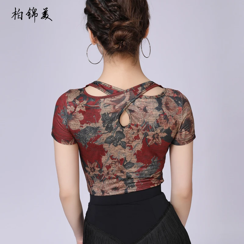 Latin dance top female adult clothing new short-sleeved sexy backless competition training dress performance modern dance