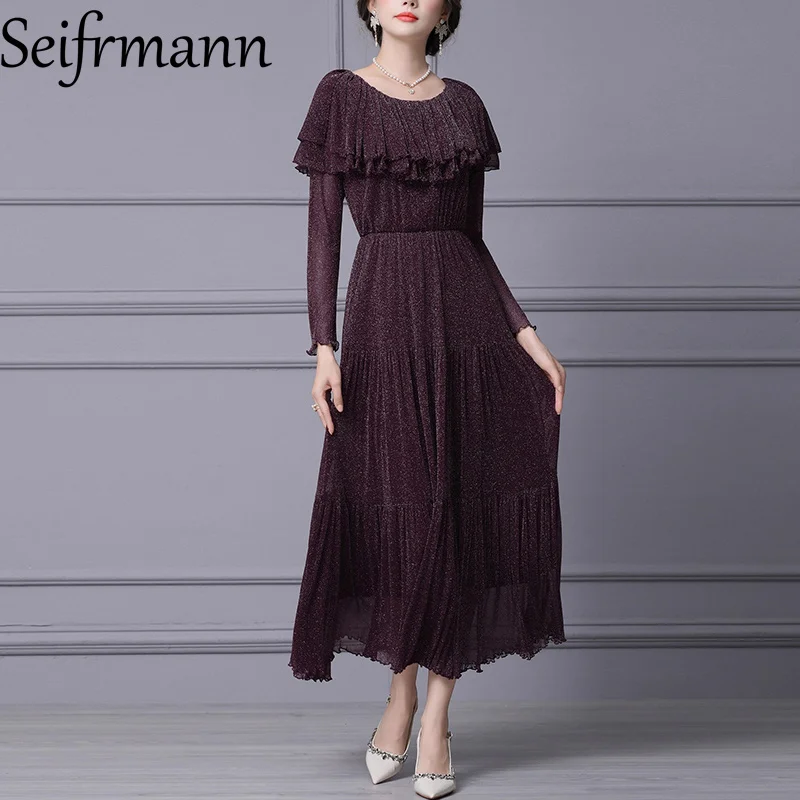 فستان Seifrmann متوسط الطول فاخر من الألماس المتلألئ بطبقات عالية الخصر على شكل حرف a لخريف 2025 منتج جديد