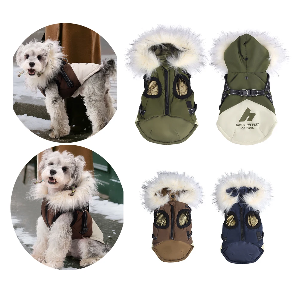 

Зимнее пальто для собак с шапкой для маленьких, средних и больших собак, ветрозащитная куртка для собак со встроенным ремнем, теплая одежда для домашних животных в холодную погоду