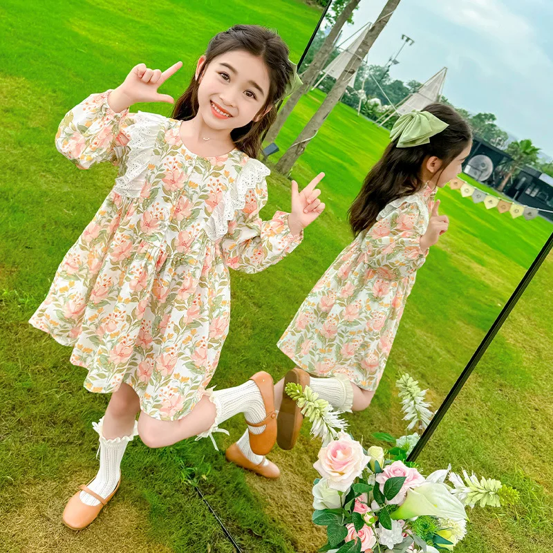 

Girl's Sweet and Gentle Style Long Dress2025Spring new long-sleeve floral lace round-neck dress