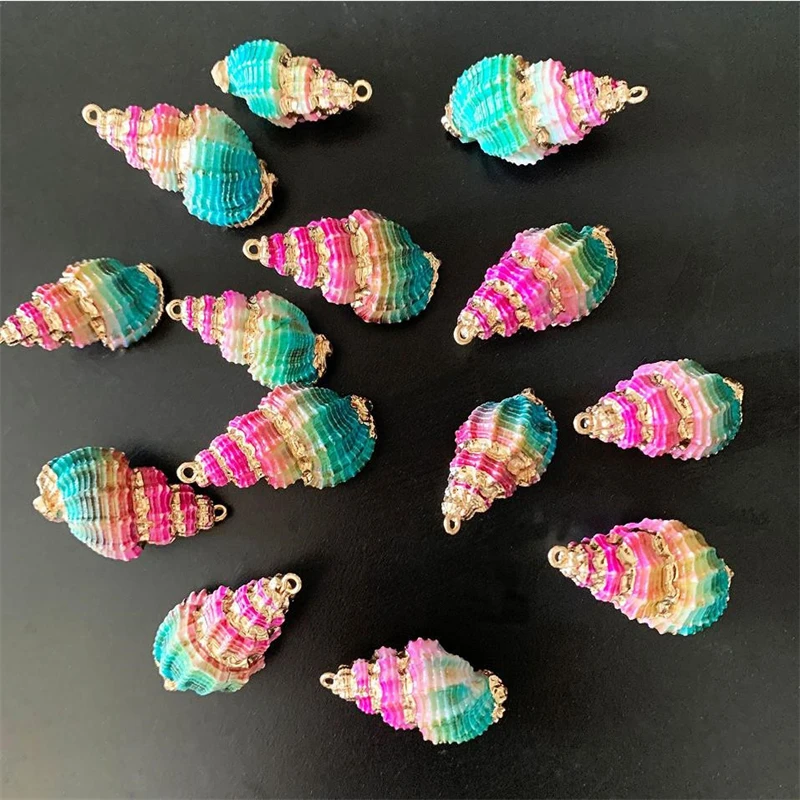 Natural Sea Shell Colored Sea Snail Pendant with Gold Edge, Pine Knot, Pendant Necklace, Random Color Mixing, 2-3.5cm, 1Pc