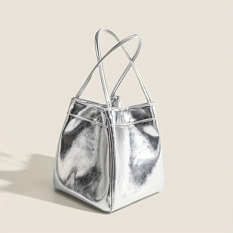 

Fashionable Multi-purpose Mini Small Square Bag Water Bucket Bag Mirror Texture Simple Underarm Handbag Silver Shiny Leather Bag