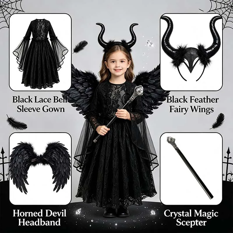 Kids Girls Sheer Bell Sleeve Black Lace Gown Vintage Gothic Costume for Birthday Dark Theme Party Wear