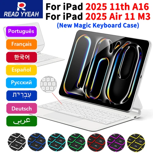 LEA YYEAH teclado mágico para iPad 2025 11th A16 2025 Air 11 M3 funda para iPad cubierta de libro magnética inteligente retroiluminación Touchpad hebreo