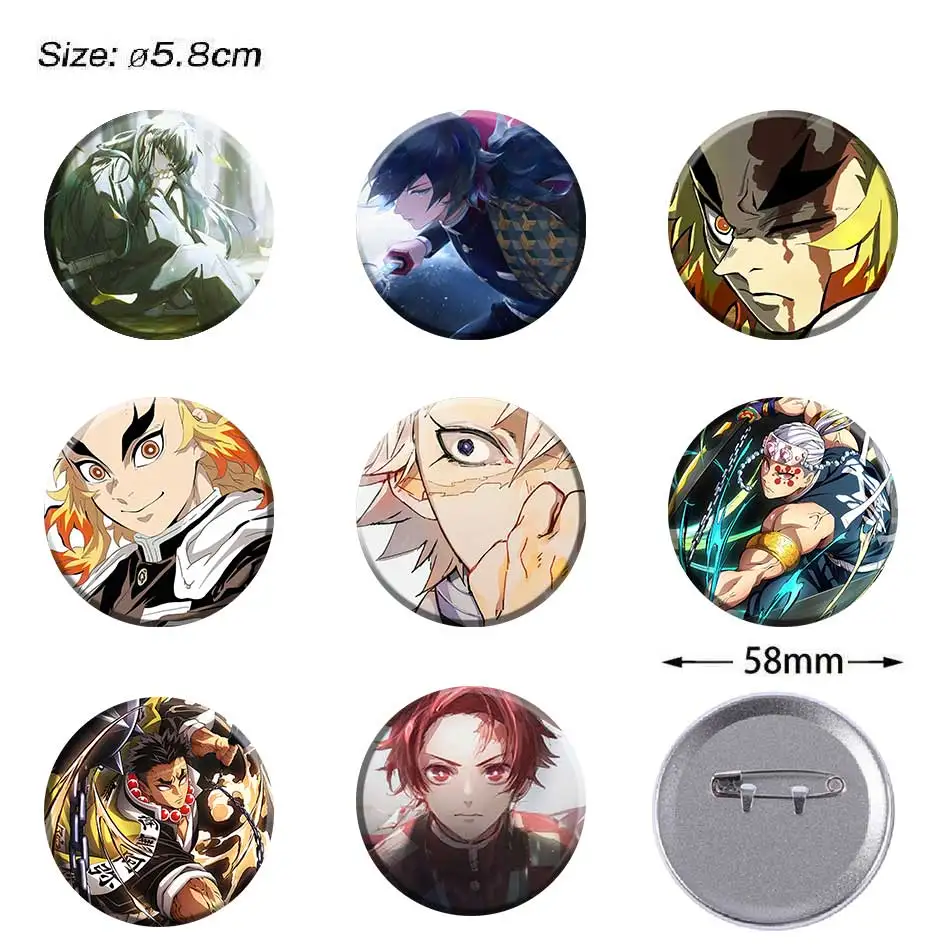 

Anime Demon Slayer 58mm Pin Baji Badge Kimetsu No Yaiba Tanjiro Tinplate Laser Brooch Gift Badge Animation Cosplay Accessories