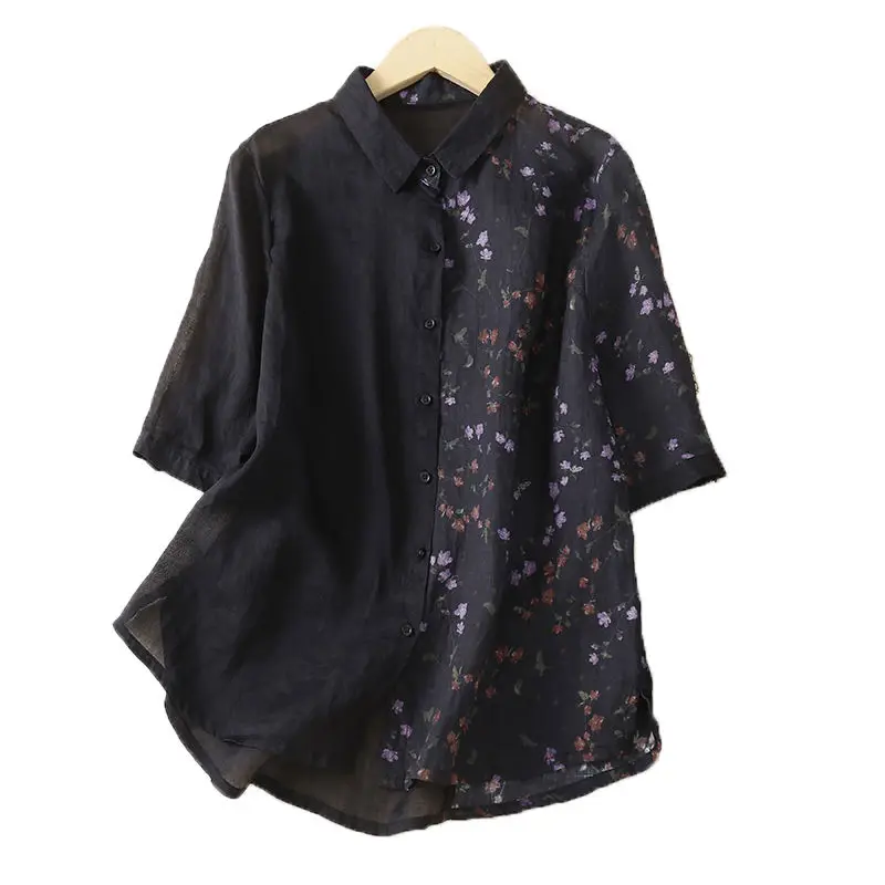 Spring Autumn Splicing Vintage Print Blouse Female Clothing Turn-down Collar Button Thin Style Loose-fitting Half Sleeve Shirt