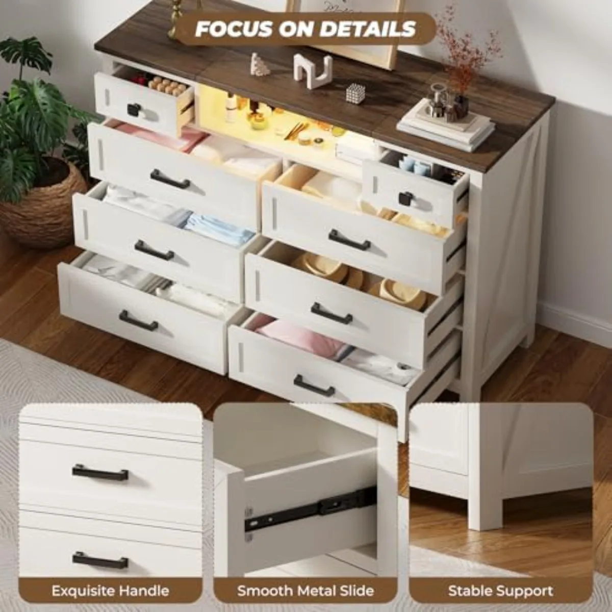 Dresser with Mirror for Bedroom, Chest of Drawers with LED Mirror, 8 Drawer Dresser, White Dressers for Kids, Wood - view 5
