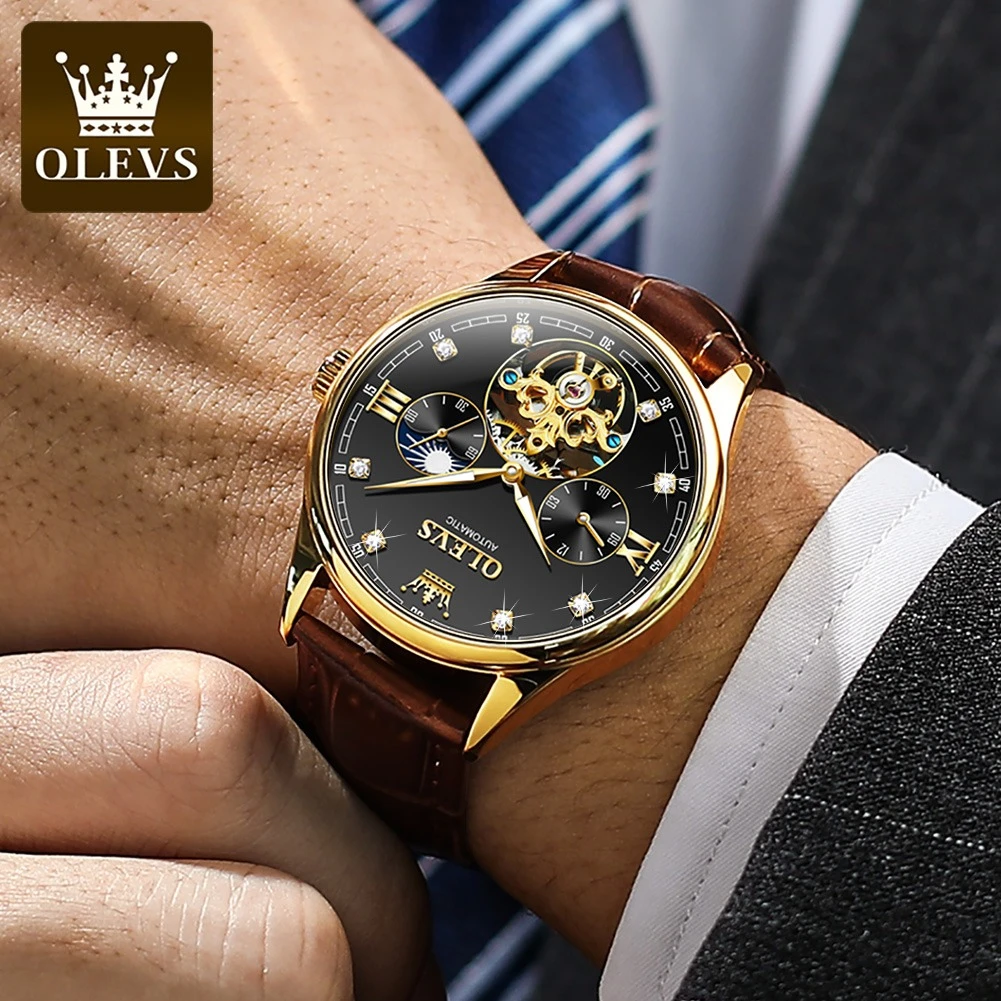 OLEVS 3601 ساعة ميكانيكية عصرية هدية دائرية الشكل من الجلد الطبيعي حزام ساعة اليد مرحلة القمر مضيئة