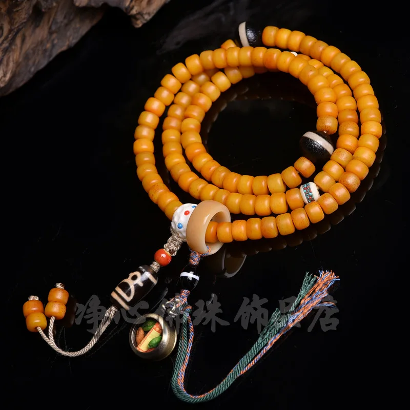 

Natural Yellow Chicken Grease Barrel Camel Bone 108 Tibetan Halter Beads Tassel for Men and Women Multi-Wrap Bracele